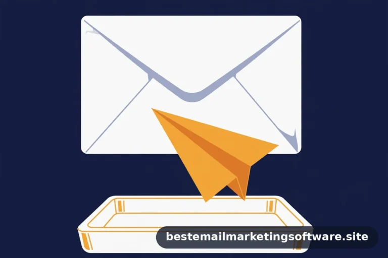 Flat illustration of an open envelope with a paper plane rising from it into an inbox tray, in navy, white, and amber
