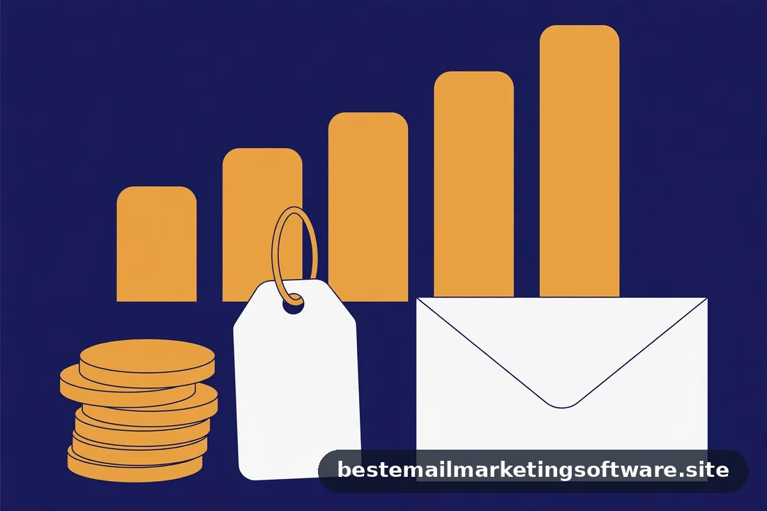 Flat illustration of coins, a price tag, and a rising bar chart beside an envelope in navy, white, and amber