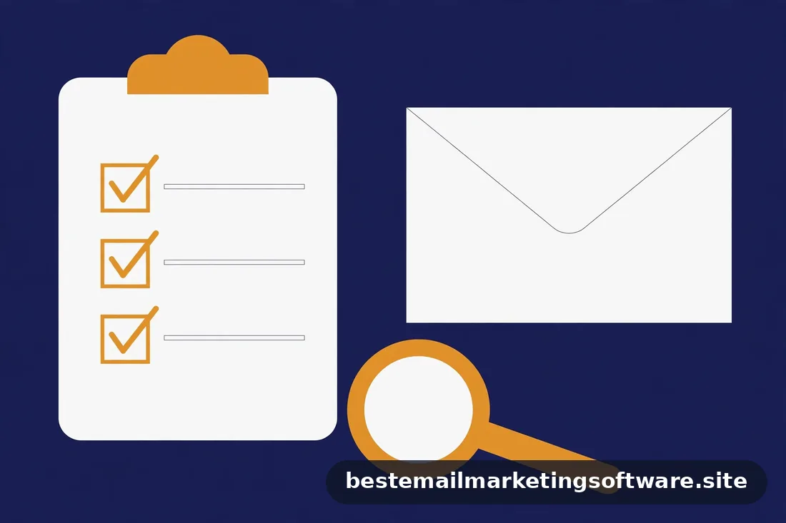 Flat illustration of a clipboard checklist and magnifying glass beside an envelope in navy, white, and amber