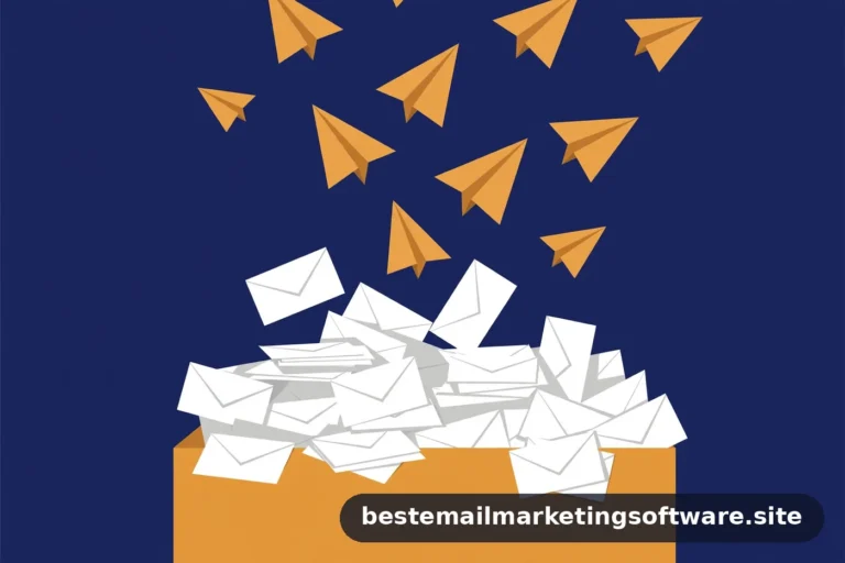 Flat illustration of paper planes rising above an amber box overflowing with envelopes, in navy, white, and amber