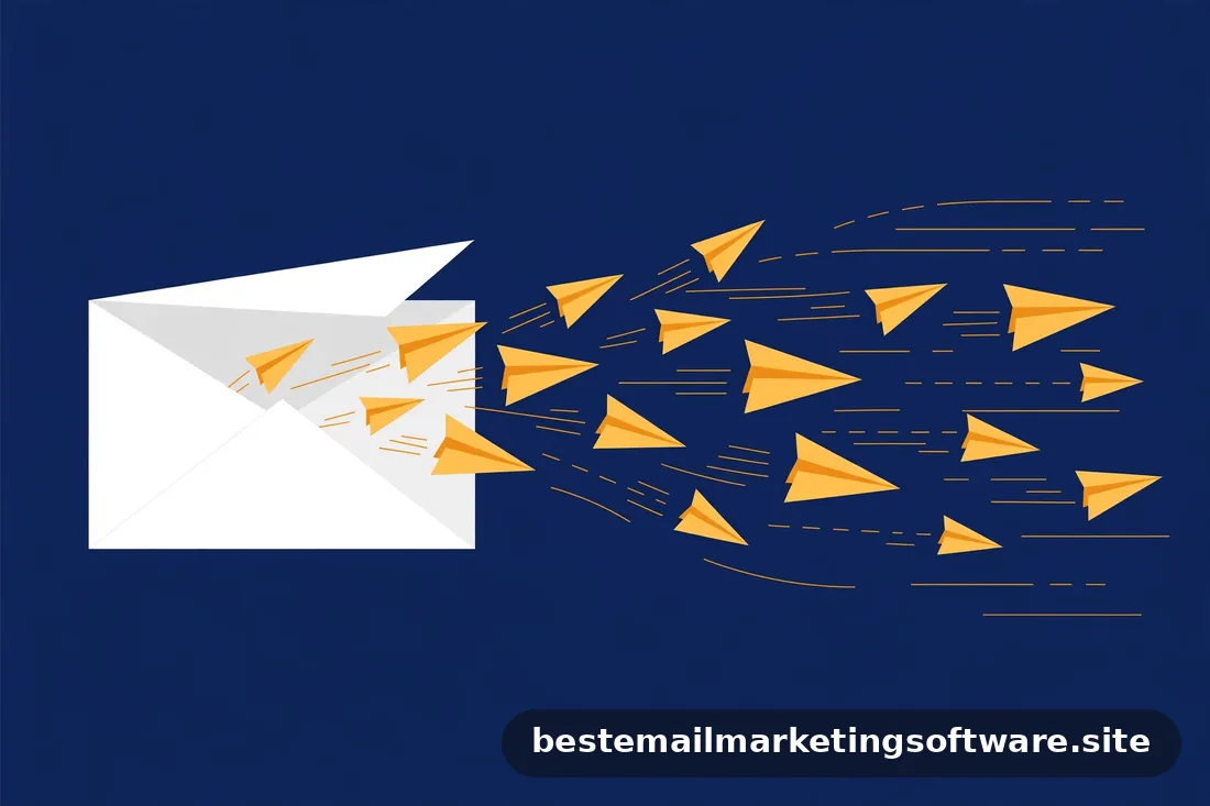 Flat illustration of a stream of paper planes flying out of an open envelope across deep navy