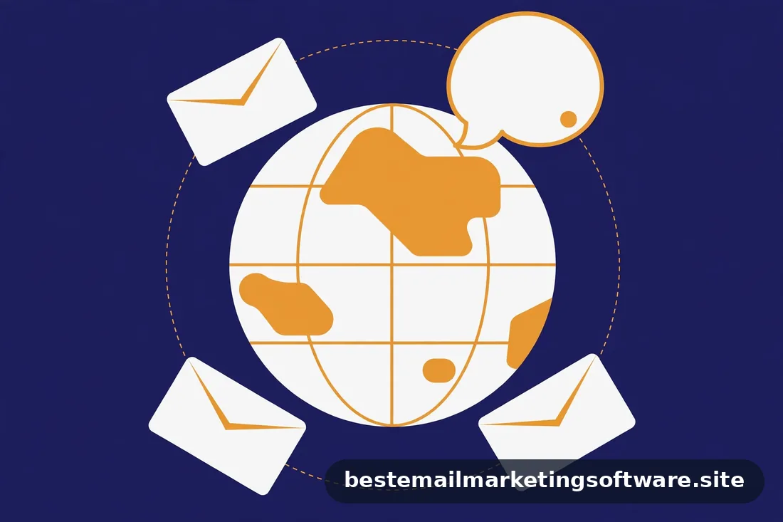 Flat illustration of a globe orbited by envelopes and a speech bubble in navy, white, and amber
