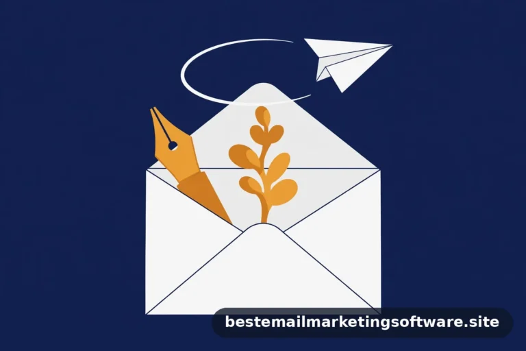 Flat illustration of an open envelope holding a fountain-pen nib and a plant sprout, with a paper plane circling above