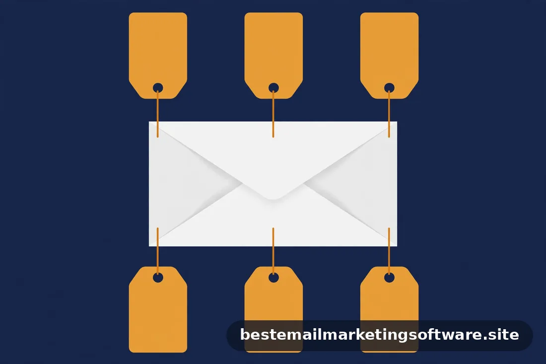 Flat illustration of a white envelope surrounded by six amber price tags on deep navy