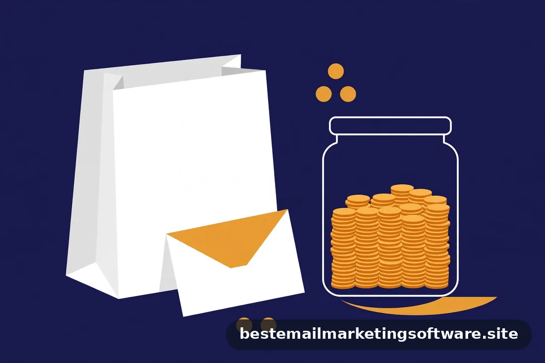 Flat illustration of a shopping bag, an envelope, and a jar of coins in navy, white, and amber