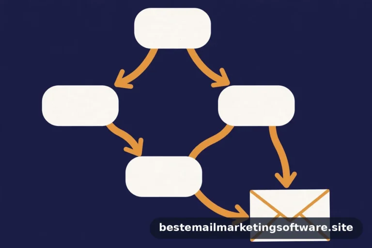 Flat illustration of a white flowchart with amber arrows leading to an envelope on deep navy