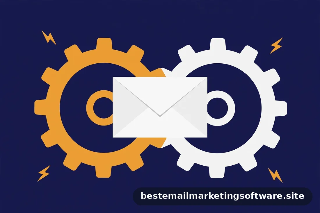 Flat illustration of interlocked amber and white gears behind a white envelope on deep navy