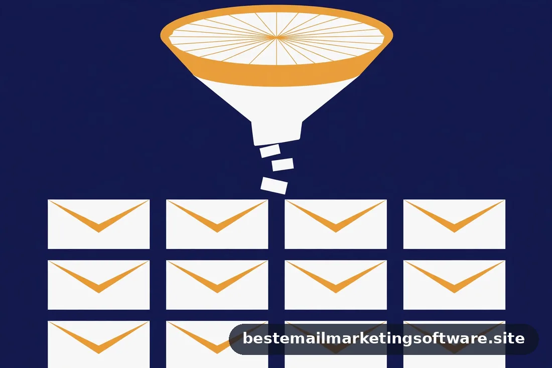 Flat illustration of a funnel feeding a grid of white envelopes in navy, white, and amber