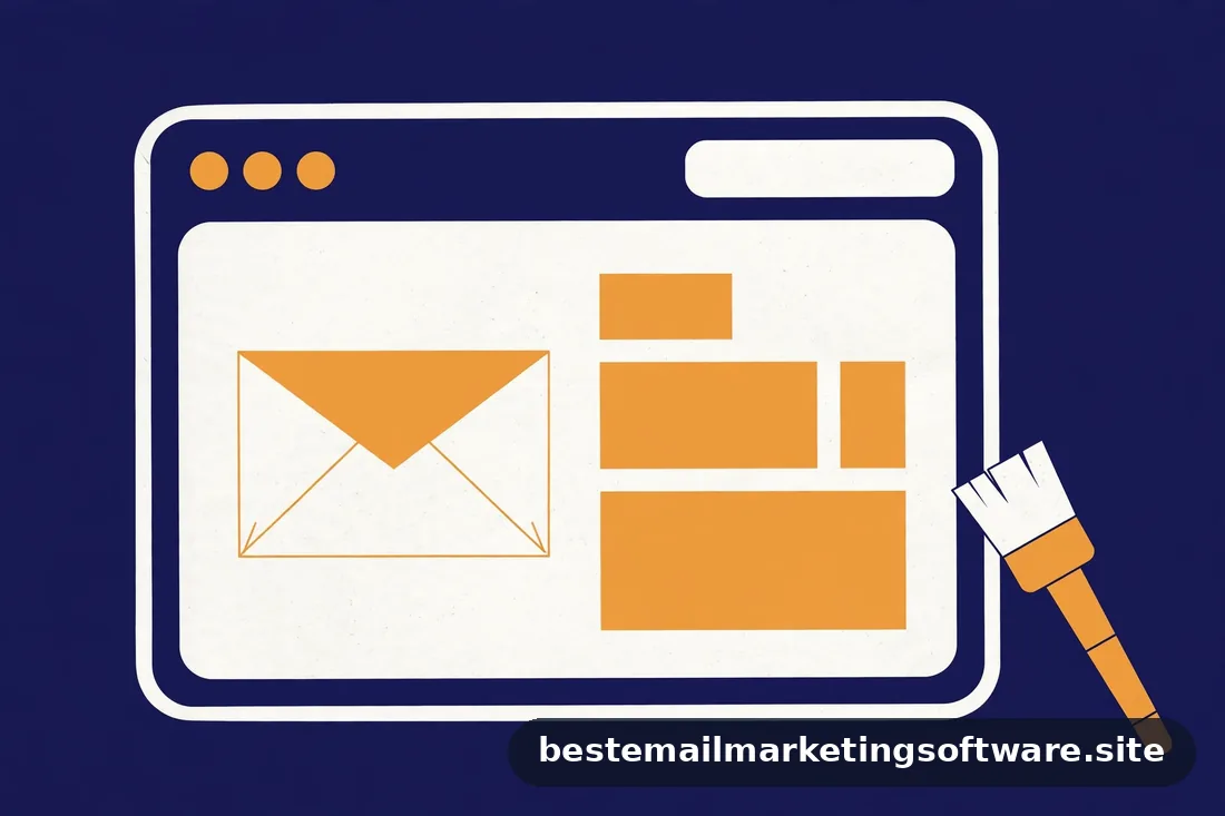 Flat illustration of a browser window showing an email template with an envelope icon and a paintbrush
