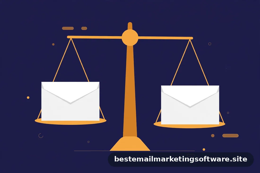 Flat illustration of a balance scale holding an envelope in each pan in navy, white, and amber