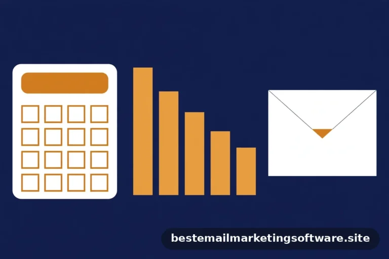 Flat illustration of a calculator, a descending amber bar chart, and an envelope on deep navy