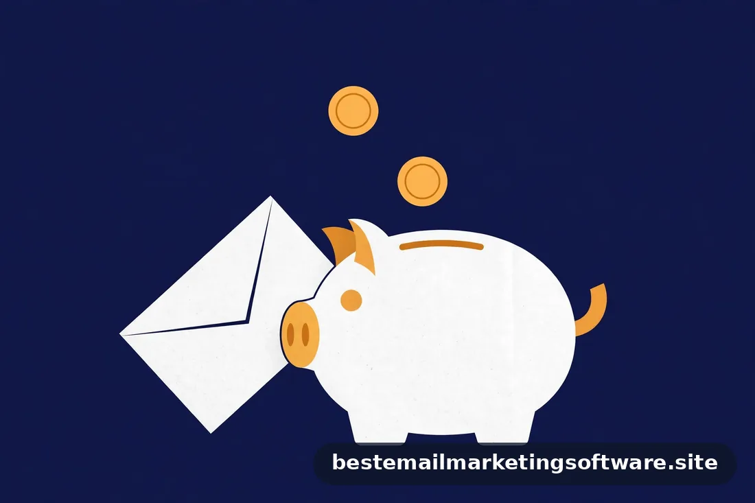 Flat illustration of a piggy bank beside an envelope with coins dropping above, in navy, white, and amber