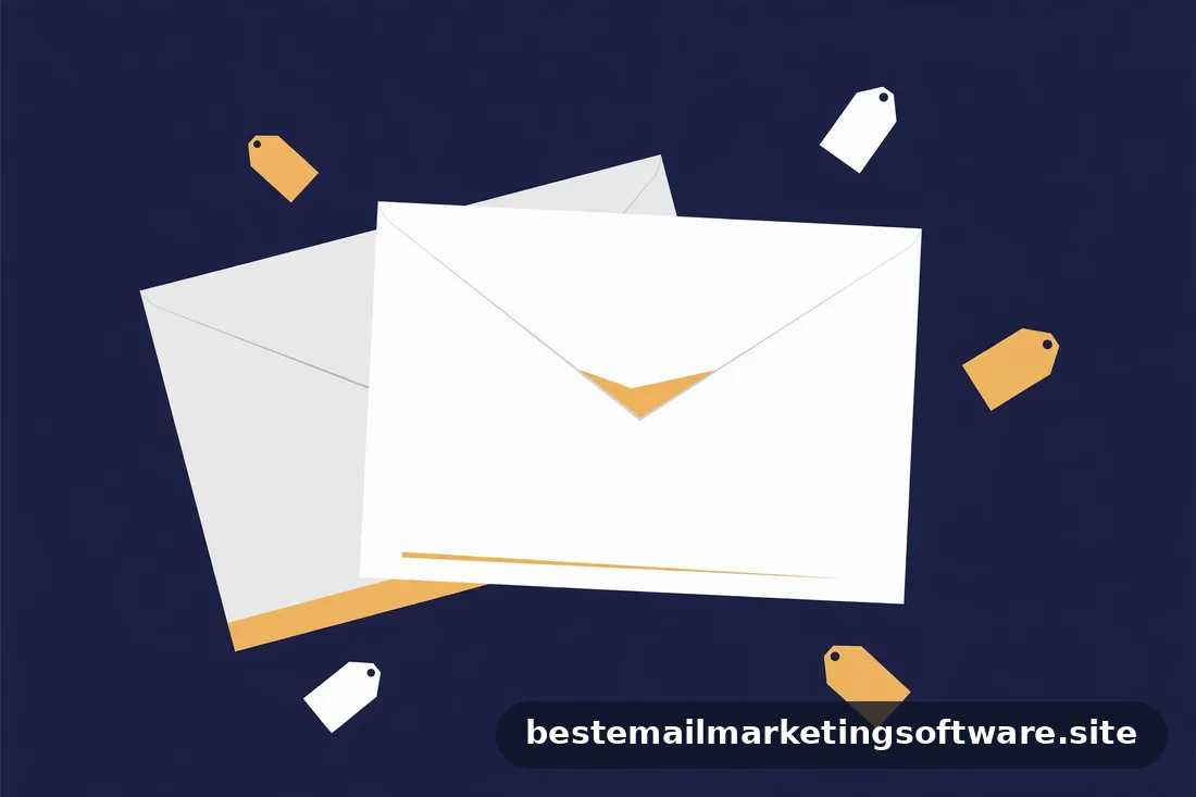 Flat illustration of two overlapping envelopes with floating price tags in navy, white, and amber