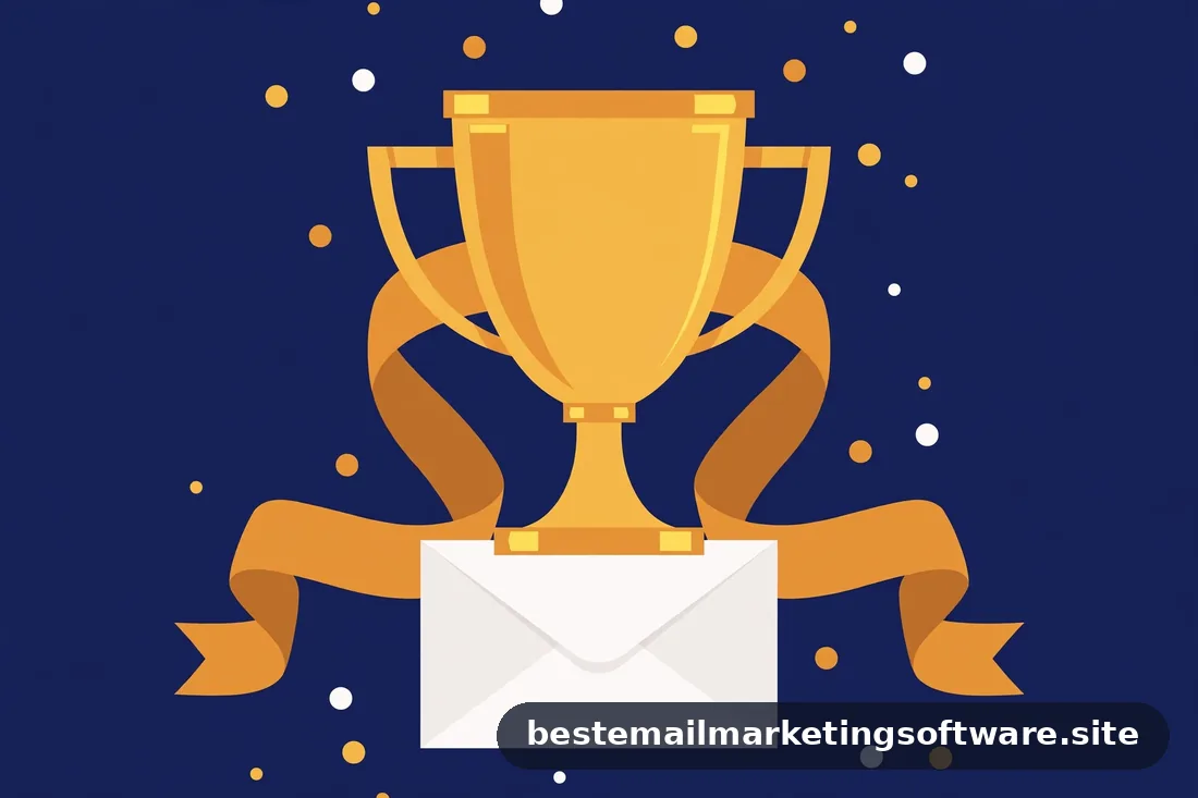 Flat illustration of a golden trophy atop an envelope with ribbons and confetti on deep navy