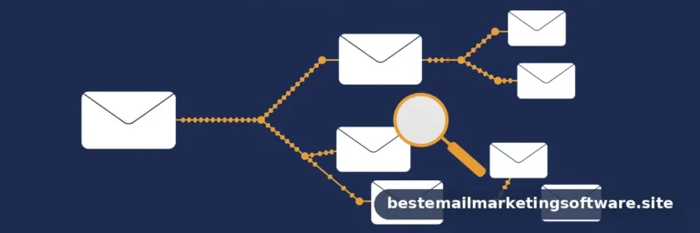 Flat editorial illustration of a branching automation flowchart with envelope nodes, in deep navy, paper white, and warm amber