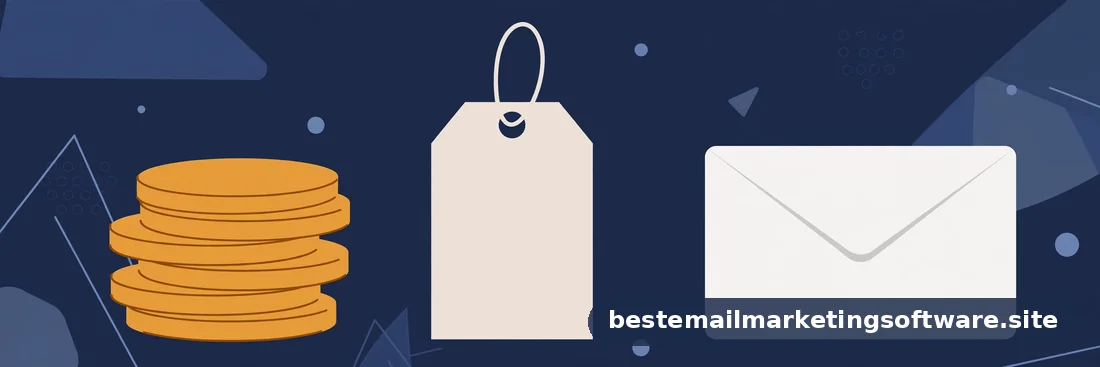 Flat editorial illustration of stacked coins beside a price tag and an envelope, in deep navy, paper white, and warm amber