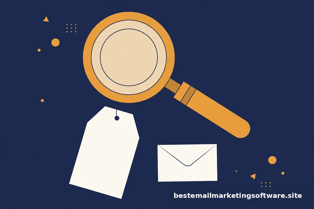 Flat editorial illustration of a magnifying glass over a price tag with an envelope, in deep navy, paper white, and warm amber