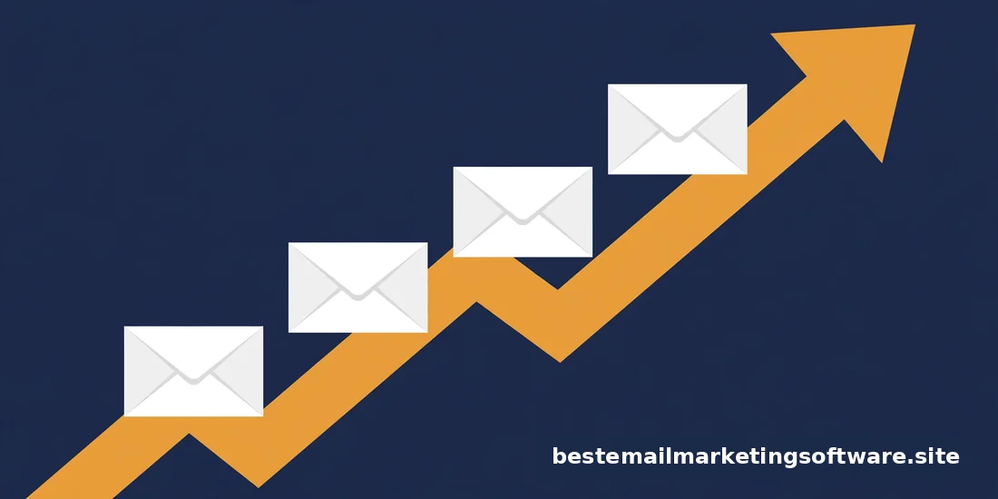 Flat editorial illustration of an upward growth arrow with envelopes rising, in deep navy, paper white, and warm amber
