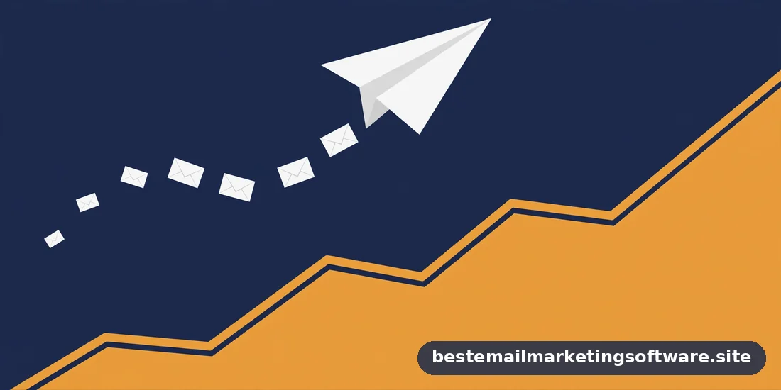 Flat editorial illustration of a paper plane flying over a rising line chart, in deep navy, paper white, and warm amber