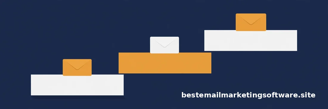 Flat editorial illustration of tiered steps rising with envelopes on each level, in deep navy, paper white, and warm amber