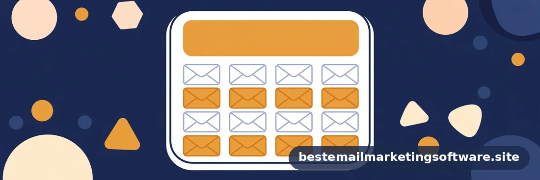 Flat editorial illustration of a calculator with envelope keys, in deep navy, paper white, and warm amber