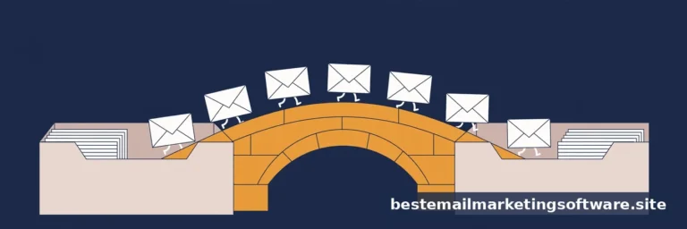 Flat editorial illustration of a bridge with envelopes crossing between two inboxes, in deep navy, paper white, and warm amber
