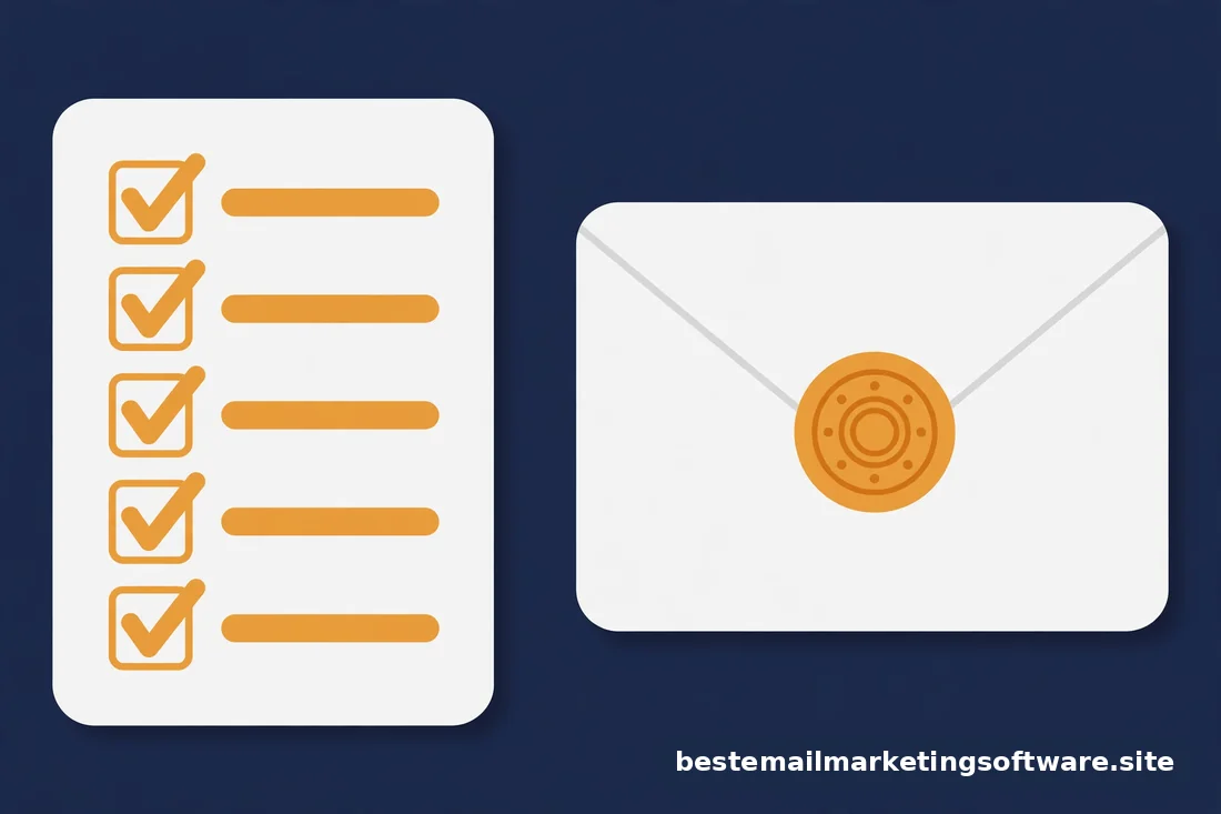 Flat editorial illustration of a checklist with checkmarks and an envelope seal, in deep navy, paper white, and warm amber
