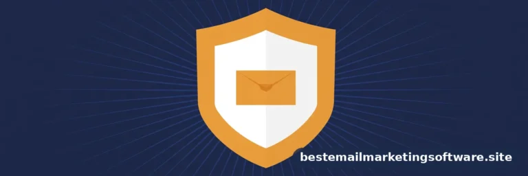 Flat editorial illustration of a shield protecting an envelope, in deep navy, paper white, and warm amber