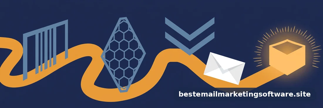 Flat editorial illustration of an envelope navigating a path through filter gates, in deep navy, paper white, and warm amber