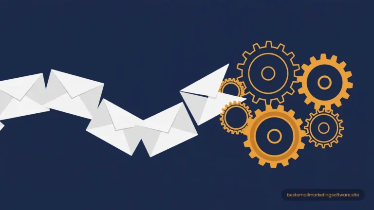 Flat illustration of a trail of white envelopes flowing into a cluster of amber gears on deep navy