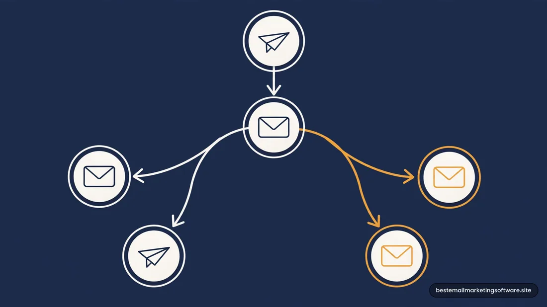 Flat icon diagram of a paper plane feeding an envelope that branches into envelope and paper-plane icons