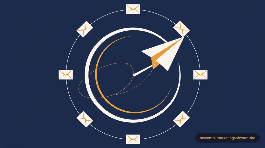 Flat illustration of a paper plane circling inside a ring of small envelopes in navy, white, and amber