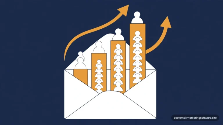 Flat illustration of a bar chart of people icons rising from an open envelope with amber growth arrows