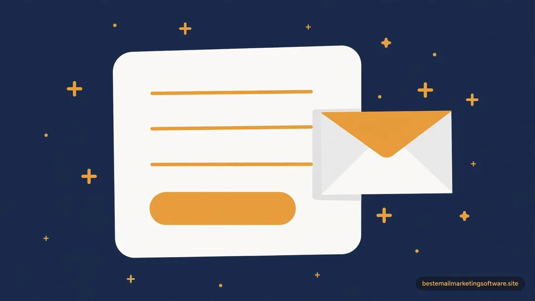 Flat illustration of a signup-form card with an envelope beside it in navy, white, and amber