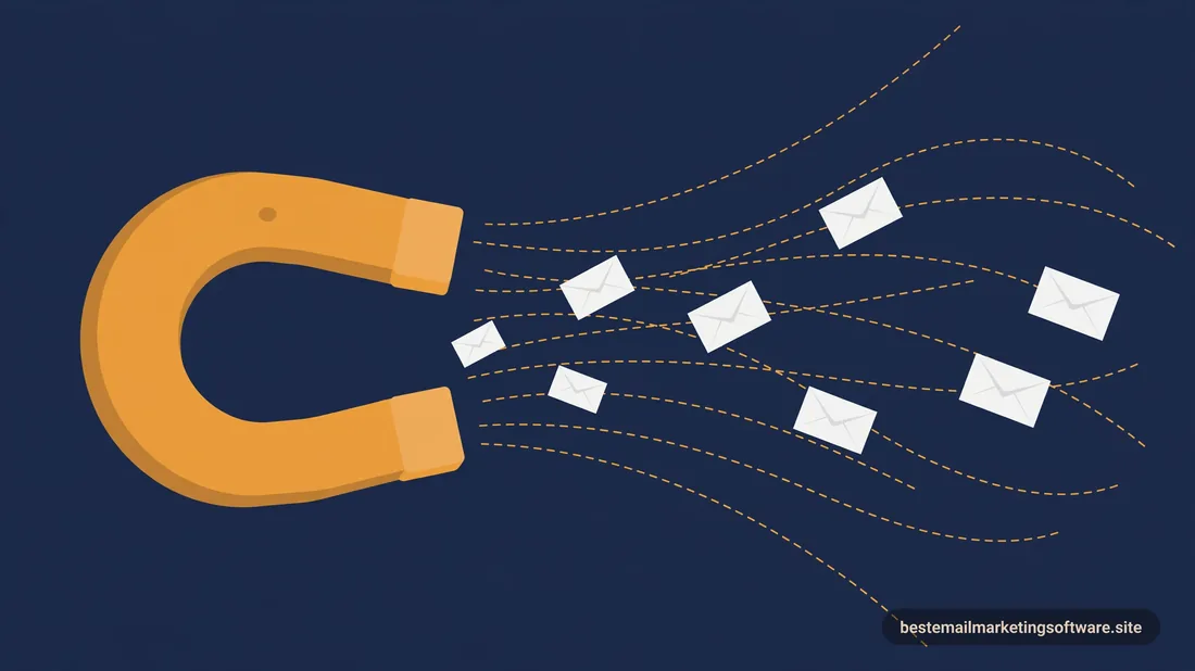 Flat illustration of an amber magnet attracting white envelopes along dashed paths on deep navy