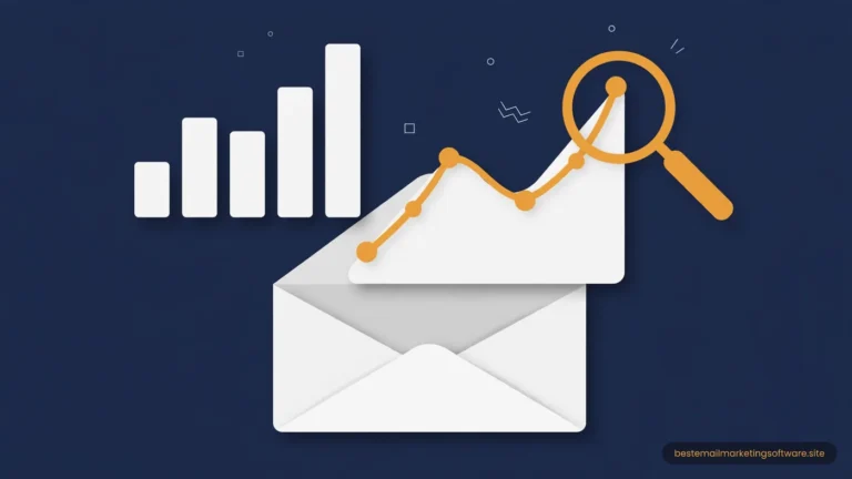 Flat illustration of an open envelope with a rising chart, magnifying glass, and bar chart in navy, white, amber