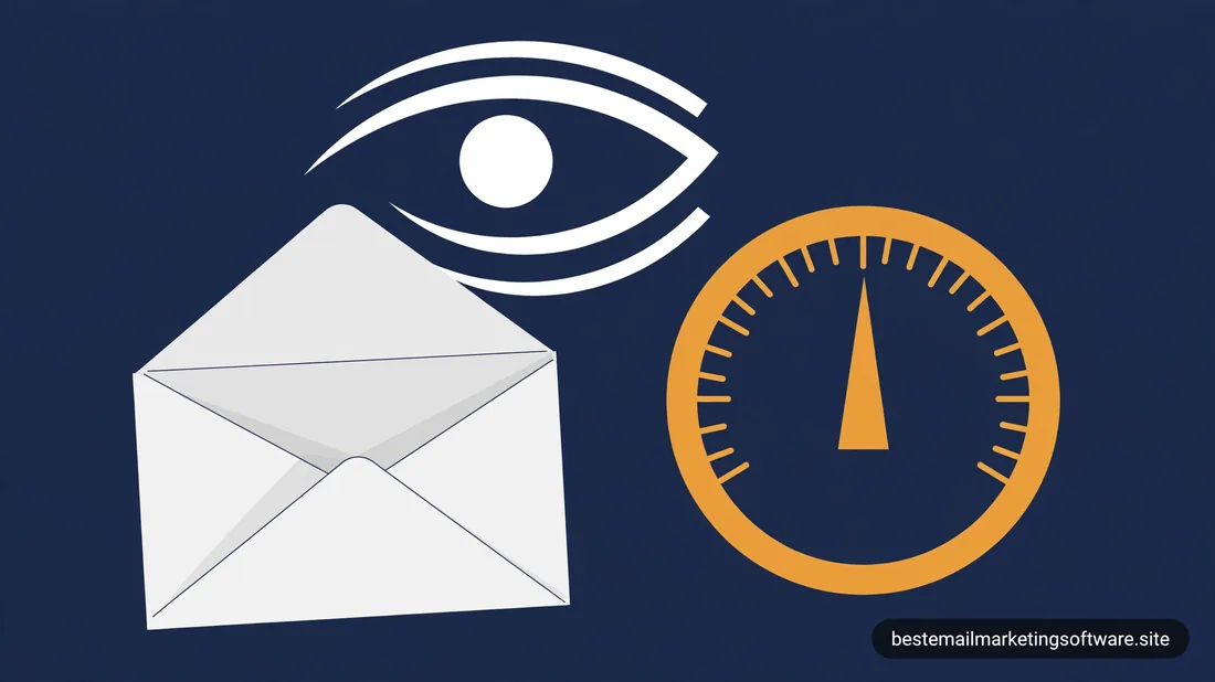 Flat illustration of an envelope with an eye above it beside an amber gauge dial on deep navy