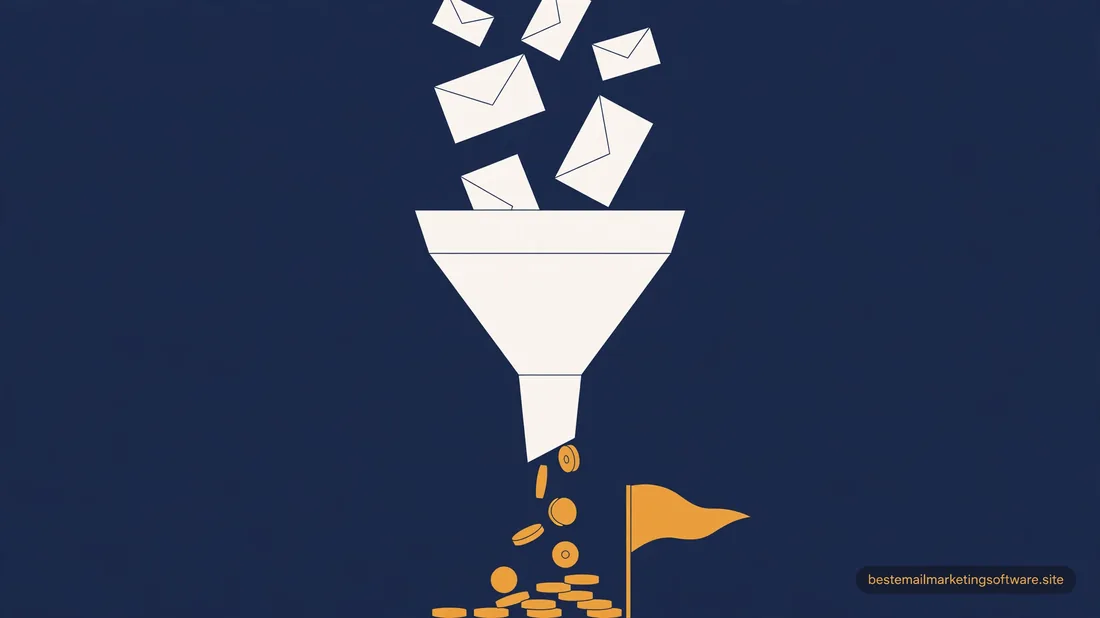 Flat illustration of envelopes dropping into a funnel that releases coins beside an amber flag