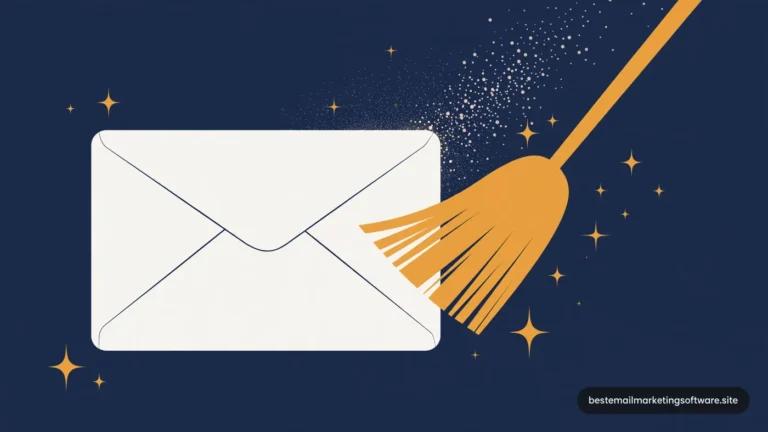 Flat illustration of an amber broom sweeping across an envelope amid sparkles on deep navy