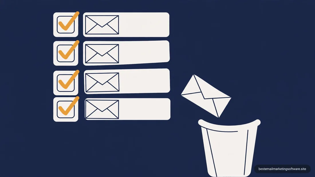 Flat illustration of a four-item checked email checklist with an envelope dropping into a bin