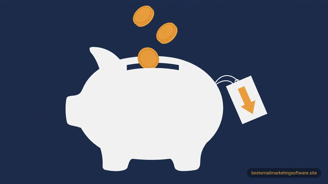 Flat illustration of a piggy bank with coins dropping in and a tag showing a downward arrow