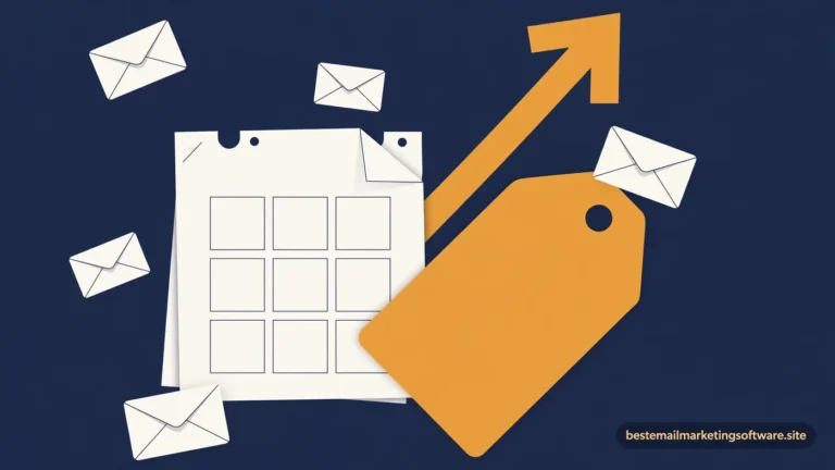 Flat illustration of a calendar with a large amber price tag, a rising arrow, and envelopes around