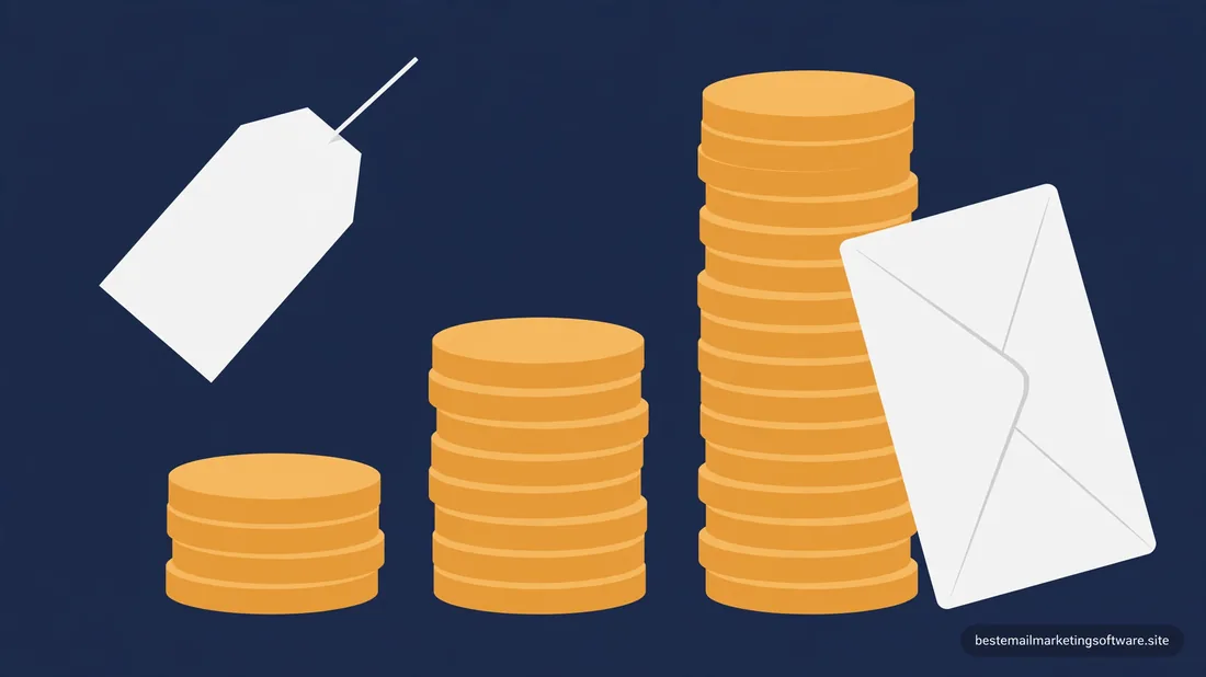Flat illustration of three rising stacks of coins with a price tag and an envelope on deep navy