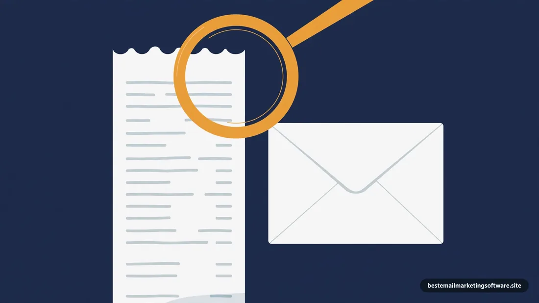 Flat illustration of a receipt with an amber magnifying glass beside an envelope on deep navy