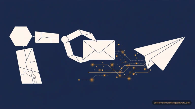 Flat illustration of a geometric robot hand holding an envelope beside a paper plane with circuit lines