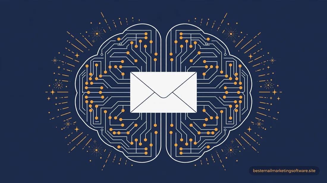 Flat illustration of a circuit-patterned brain with an envelope at its center in navy, white, and amber