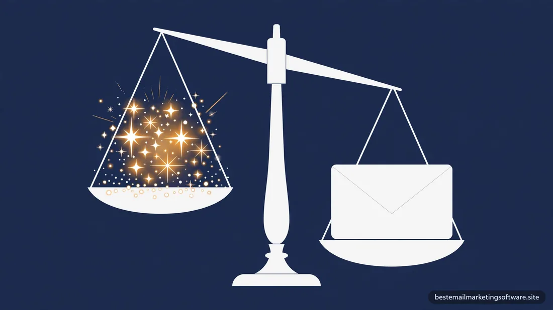 Flat illustration of a white balance scale weighing sparkles against an envelope on deep navy