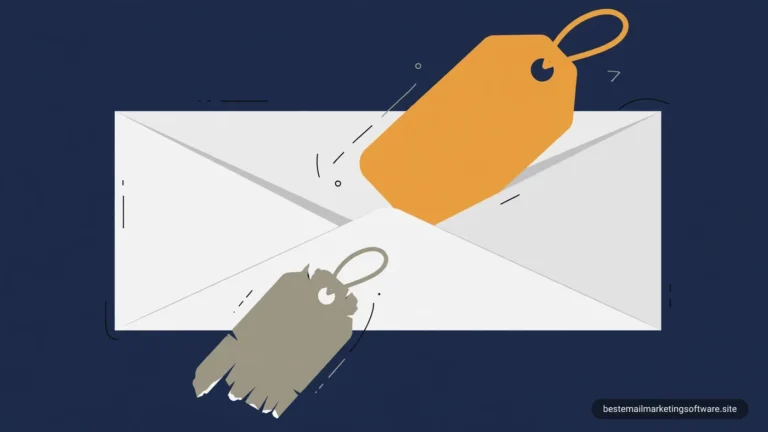 Flat illustration of an envelope with a large amber price tag and a torn grey tag on deep navy