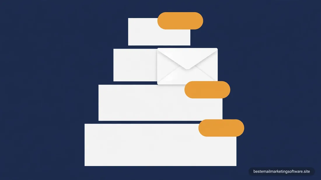 Flat illustration of stacked content cards with amber pill buttons and an envelope on deep navy