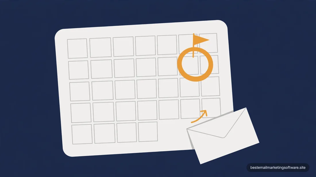 Flat illustration of a calendar grid with an amber ring-and-flag marker and an envelope on deep navy